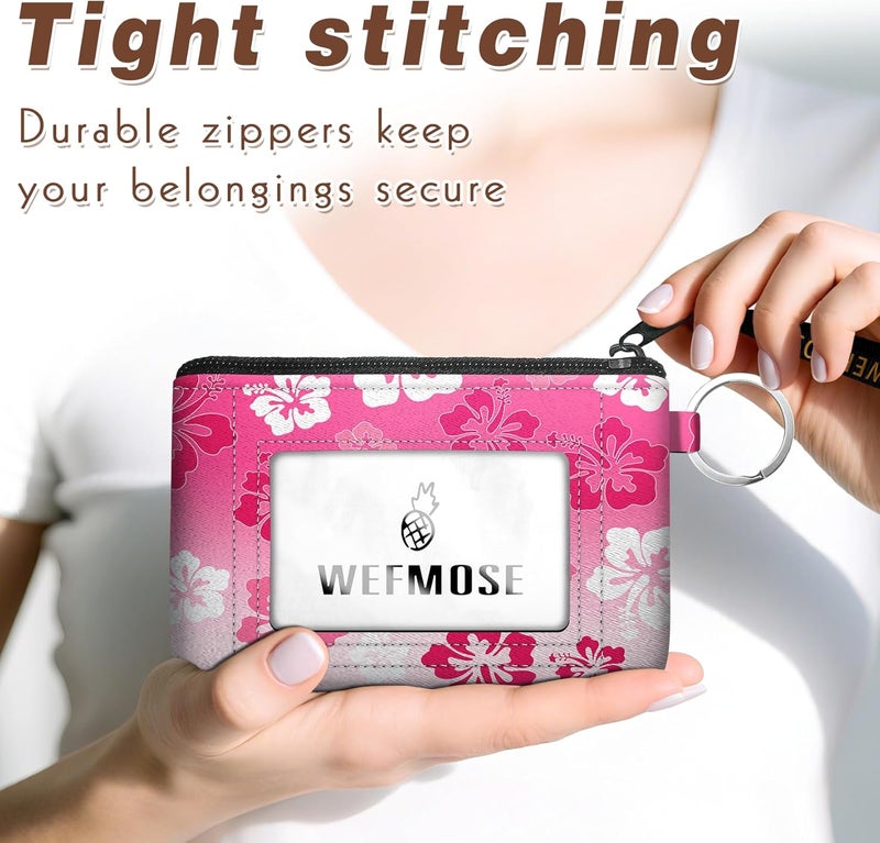 WEFMOSE Small Wallet Keychain with Clear ID Window Zipper Cute ID Case Coin Purse for Women Water Resistant Coin Pouch-Hawaiian Floral-Pink Keychain Wallet - Image 4